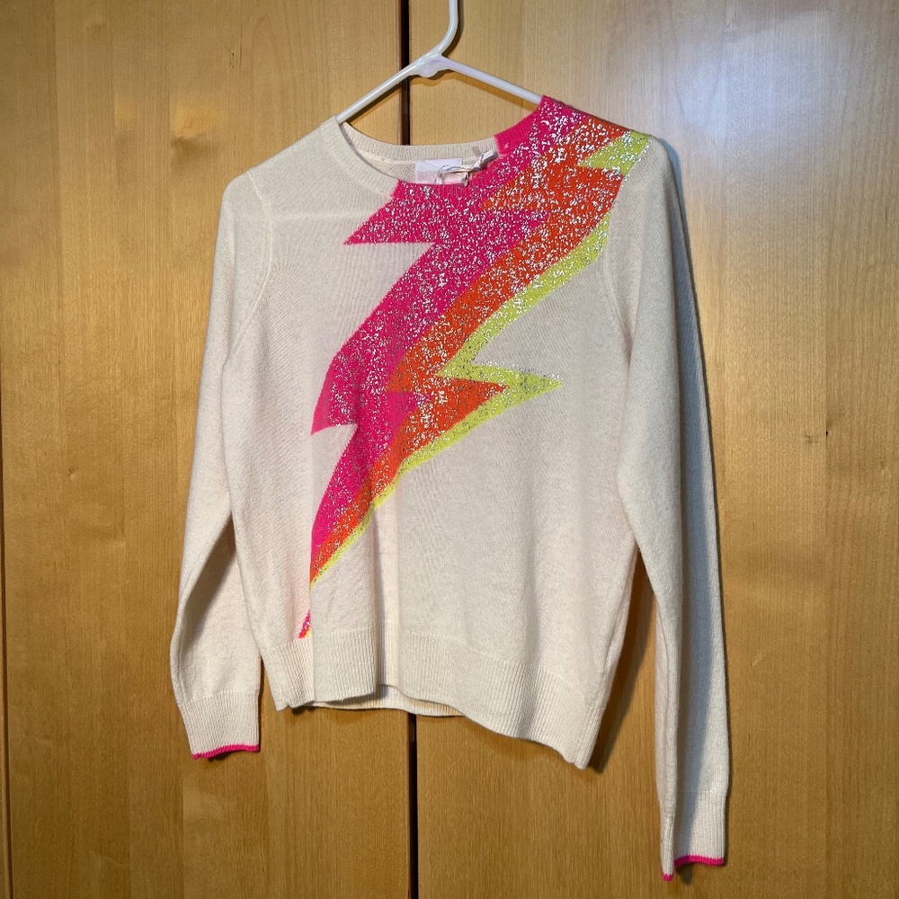 Sweater Ivory Cashmere with Zig-Zag stripes of Neon Pink, Orange, Yellow Size XS